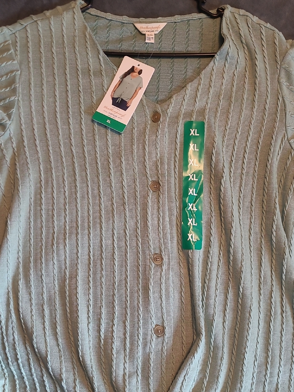 Weatherproof Mint Green Or Black  Ribbed Button-Front Knit Shirt With Tie Bottom